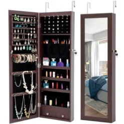 Fashion Simple Jewelry Storage Mirror Cabinet With LED Light - N/A - Brown