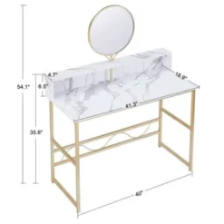 Mcombo Makeup Vanity, White Wooden Marble Pattern Vanity Desk, Makeup Desk With Removeable Vanity Mirror - Storage -Bed Frame Shop 30a549c9 8420 4465 914b da52da30d828