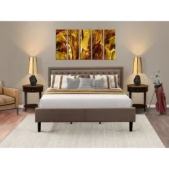 3 Pc Bed Set - Bed Frame With Brown Linen Fabric Padded - Button Tufted Headboard - 2 Wooden Nightstand (Bed Size Options) - KD18Q-2HI0M -Bed Frame Shop 31e6572a da9c 4d5a bce1 0eceda183d66