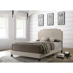 Tamarac Upholstered Nail Head Eastern King Bed Beige