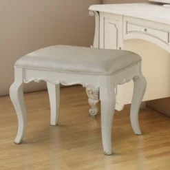 Traditional Style Wood And Leatherette Vanity Stool With Padded Seat, White -Bed Frame Shop 32da293f d241 4411 95a9 ba2ed8463bc3