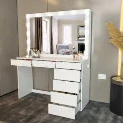 Boahaus Dressing Table, Light Bulbs, White, Mirror, 07 Drawers - White-Crystal Ball Knobs -Bed Frame Shop 347f63bd 8873 4c0d a8f8 319e05a24459