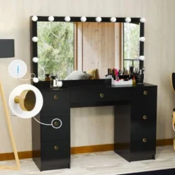 Boahaus Freya Vanity With Light Bulbs, 7 Drawers, Mirror, Black - Black-Gold Knobs -Bed Frame Shop 34b5aabc 7510 4cda 9dd3 b79717251c7c