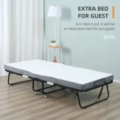 HOMCOM Folding Bed With 4 Inch Mattress, Portable Foldable Guest Bed With Sturdy Metal Frame On Wheels, 78.75"x29.5"x16.75" - White - Full -Bed Frame Shop 358598e5 4b7f 4197 97d0 8d8bce10497a