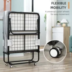 HOMCOM Folding Bed With 4 Inch Mattress, Portable Foldable Guest Bed With Sturdy Metal Frame On Wheels, 78.75"x29.5"x16.75" - White - Full -Bed Frame Shop 3911b087 8942 46f1 a634 cd6bd962e57a