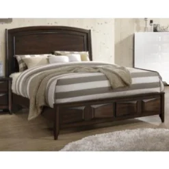 Crisp & Fine Lined Wooden Queen Bed With 3D Design On Front Board Oak Brown