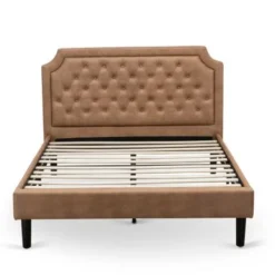 Platform Bedroom Set- Dark Brown Faux Leather Upholstered Bed With Black Legs - Distressed Jacobean Nightstand(Size Options) - GB28F-1BF07 -Bed Frame Shop 3b91e46f 739f 4f4c 96c5 567d3eb6c86f