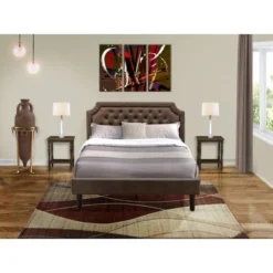 East West Furniture 3-Pc Bed Set With Frame And 2 Distressed Jacobean Mid Century Nightstands - Dark Brown Faux Leather - GB25Q-2BF07
