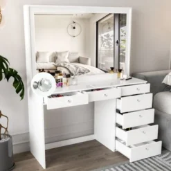 Boahaus Modern Vanity Table, White, 7 Drawers, Wide Mirror - White- Crystal Ball Knobs -Bed Frame Shop 3f43f911 68b1 474a b1db 1d5aaee4de9d