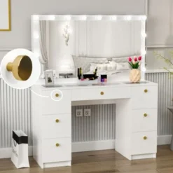 Boahaus Yara Lighted Vanity With Glass Top (White) - White-Gold Knobs -Bed Frame Shop 3f4c6f50 a38d 41e0 b5df 7c97798035eb
