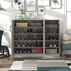 DH BASIC Farmhouse Vintage Grey Oak 10-Shelf Shoe Cabinet By Denhour - Vintage Grey Oak - No Drawers -Bed Frame Shop 40ae5b7c 9096 4ed7 a6b3 320b0682baee