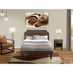2-Piece Granbury Bed Set - Dark Brown Faux Leather Bed With Black Legs - Distressed Jacobean End Table (Bed Size Option) - GB25F-1GA07