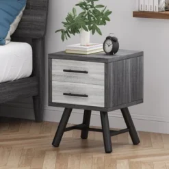 Burgoyne Mid-Century Modern Nightstand By Christopher Knight Home - Sonoma Gray Oak + Black -Bed Frame Shop 415292d9 f8ef 4dd9 911e b6c6bd7ee05c