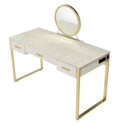 3 Drawers Metal Frame Vanity Desk With Mirror - Antique White/Champagne