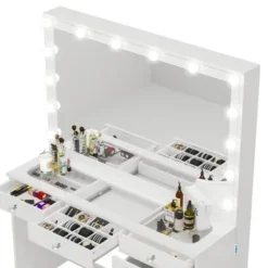 Boahaus Serena Lighted Vanity With Glass Top (White) - White-Crystal Knobs -Bed Frame Shop 41fca0f4 d3ed 4611 b829 b11969ea3049