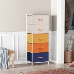 Pellebant 5 Drawers Vertical Storage Tower Organizer - Beige&yellow&orange&blue - 5-drawer -Bed Frame Shop 43b5567d dd78 4b50 9803 7ab706d0a8a9
