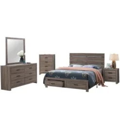 Wooden Queen Storage Bedroom Set In Barrel Oak - 5 Piece