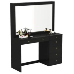Boahaus Joan Modern Vanity Table, Black, Wide Mirror, 07 Drawers - Black-Crystal Knobs -Bed Frame Shop 46b98cb2 f090 4d19 babe 3a4436e75a2d