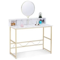 Mcombo Makeup Vanity, White Wooden Marble Pattern Vanity Desk, Makeup Desk With Removeable Vanity Mirror - Storage
