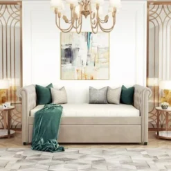 Nestfair Twin Size Upholstered Daybed With Trundle And Wood Slat - Grey -Bed Frame Shop 470f6409 8872 4934 93d6 dcb15e0a695e