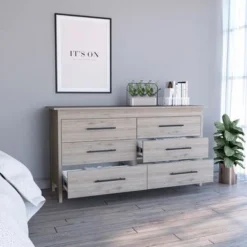 TUHOME Hms Double Dresser With 6 Drawers, 4 Legs And Metal Hardware - N/A - Light Oak / White -Bed Frame Shop 474f9168 7c2d 46b8 bb8a 2b8e65764124