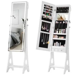 Merax Jewelry Cabinet Armoire Lockable Standing Storage With LED Lights - White
