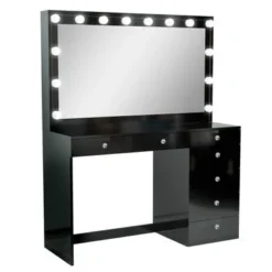 Boahaus Diana Vanity, Light Bulbs, Black, Wide Mirror, 7 Drawers - Black-Crystal Ball Knobs -Bed Frame Shop 47ffe7ac 50b4 434a b6f7 afaf1f1145d7