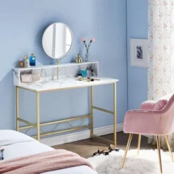 Mcombo Makeup Vanity, White Wooden Marble Pattern Vanity Desk, Makeup Desk With Removeable Vanity Mirror - Shelf -Bed Frame Shop 491b54df a5ff 4593 8402 1868fab6122e