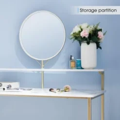 Mcombo Makeup Vanity, White Wooden Marble Pattern Vanity Desk, Makeup Desk With Removeable Vanity Mirror - Storage -Bed Frame Shop 4a53150d 88af 4958 84b2 02c191446d61