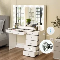 Boahaus Serena Lighted Vanity With Glass Top (White) - White-Gold Knobs -Bed Frame Shop 4bc51526 fda5 4b7c b515 a69ac6bdcfb6