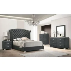 Upholstered Queen Bedroom Set In Grey And Chrome - 4 Piece -Bed Frame Shop 4cc88058 e7c6 46f8 81ec 8d7d765a5209