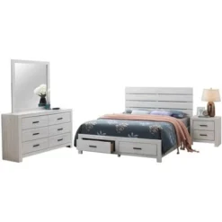 Wooden Queen Storage Bedroom Set In Coastal White - 4 Piece