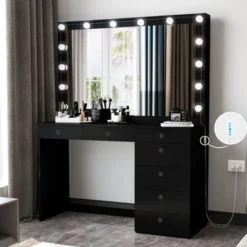 Boahaus Diana Vanity, Light Bulbs, Black, Wide Mirror, 7 Drawers - Black-Gold Knobs -Bed Frame Shop 55d61c3a b9ad 47d4 bba5 95f9d79061dc