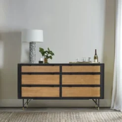 Saratoga 6 Drawer Dresser In Black Acacia With Rattan - 6-drawer - Black