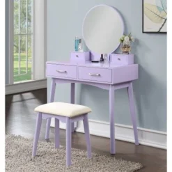 Roundhill Furniture Liannon Contemporary Wood Vanity And Stool Set - Purple