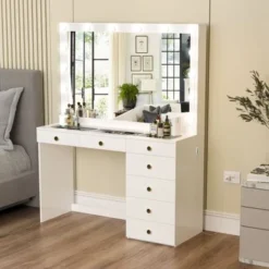 Boahaus Serena Lighted Vanity With Glass Top (White) - White-Crystal Knobs -Bed Frame Shop 56411d8d be57 42d8 88f9 37597cd1b4ef