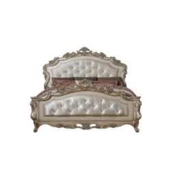 ACME Gorsedd Queen Bed, Cream Fabric And Antique White -Bed Frame Shop 5723b118 4677 4745 a331 ae6c9eebab29