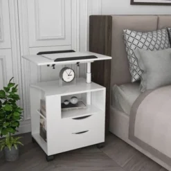 2-Drawers Wooden Nightstand With Adjustable Height,Swivel Top - White