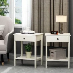 Wood Nightstand Set Of 2 With Drawers And Shelves - White