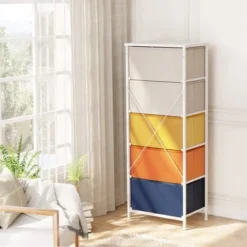 Pellebant 5 Drawers Vertical Storage Tower Organizer - Beige&yellow&orange&blue - 5-drawer -Bed Frame Shop 588b3f74 3873 44bc aee5 df2241ac3d6f
