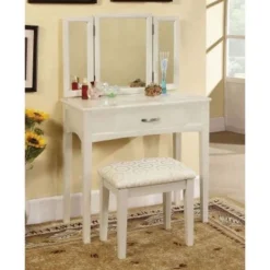 Wood And Mirror Vanity Set With Stool - White -Bed Frame Shop 5a186222 29f1 4769 b6c2 6252518e5016