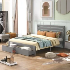 Nestfair Queen Size Platform Bed With Drawers - Grey -Bed Frame Shop 5c27f7e6 0628 4e27 a18c 85d458ca5ef2