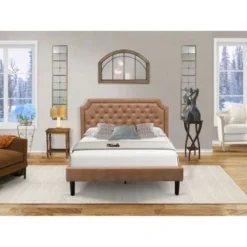 2PC Bedroom Set - Dark Brown Faux Leather Upholstered Bed With Black Legs- An Antique Walnut Night Stand (Bed Size Option) - GB28F-1BF08 -Bed Frame Shop 5c2d6e42 6564 44ae 9dc4 7fd5f98b6fe2