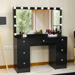 Boahaus Freya Vanity With Light Bulbs, 7 Drawers, Mirror, Black - Black-Crystal Ball Knobs -Bed Frame Shop 5c5ba5f0 dc38 4cff bef7 300c59a1498f