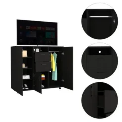 FM Furniture Sicilia Cabinet Dresser With 3 Doors, 2 Drawers, 6 Inner Shelves, Open Shelf, Hanging Rod, And Caster Wheels - Black -Bed Frame Shop 5f1050c6 24b5 4411 8fb4 1c01002f5d1d