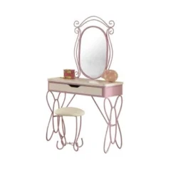 Contemporary Style Metal And Wood Vanity Set, White And Purple