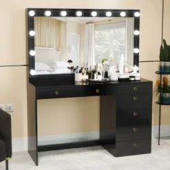 Boahaus Diana Vanity, Light Bulbs, Black, Wide Mirror, 7 Drawers - Black-Crystal Ball Knobs -Bed Frame Shop 6141a7db 1617 43cf ad08 08aa39b4b5ac