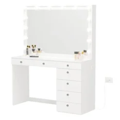 Boahaus Dressing Table, Light Bulbs, White, Mirror, 07 Drawers - White-Gold Knobs -Bed Frame Shop 616f902d 8e00 43a0 bf33 babd25991bee