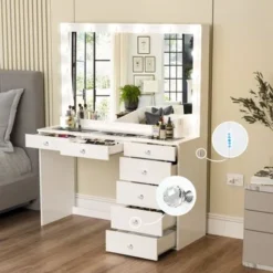 Boahaus Serena Lighted Vanity With Glass Top (White) - White-Gold Knobs -Bed Frame Shop 624d8080 c2bc 448b b9ef 6eaadea9b954