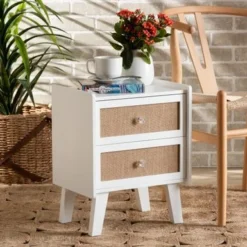 Baxton Studio Balta Mid-Century Modern Transitional Oak Brown Rattan And White Finished Wood 2-Drawer End Table - White, Oak Brown -Bed Frame Shop 62fa6308 5526 48a2 913d 3c4f5b975069